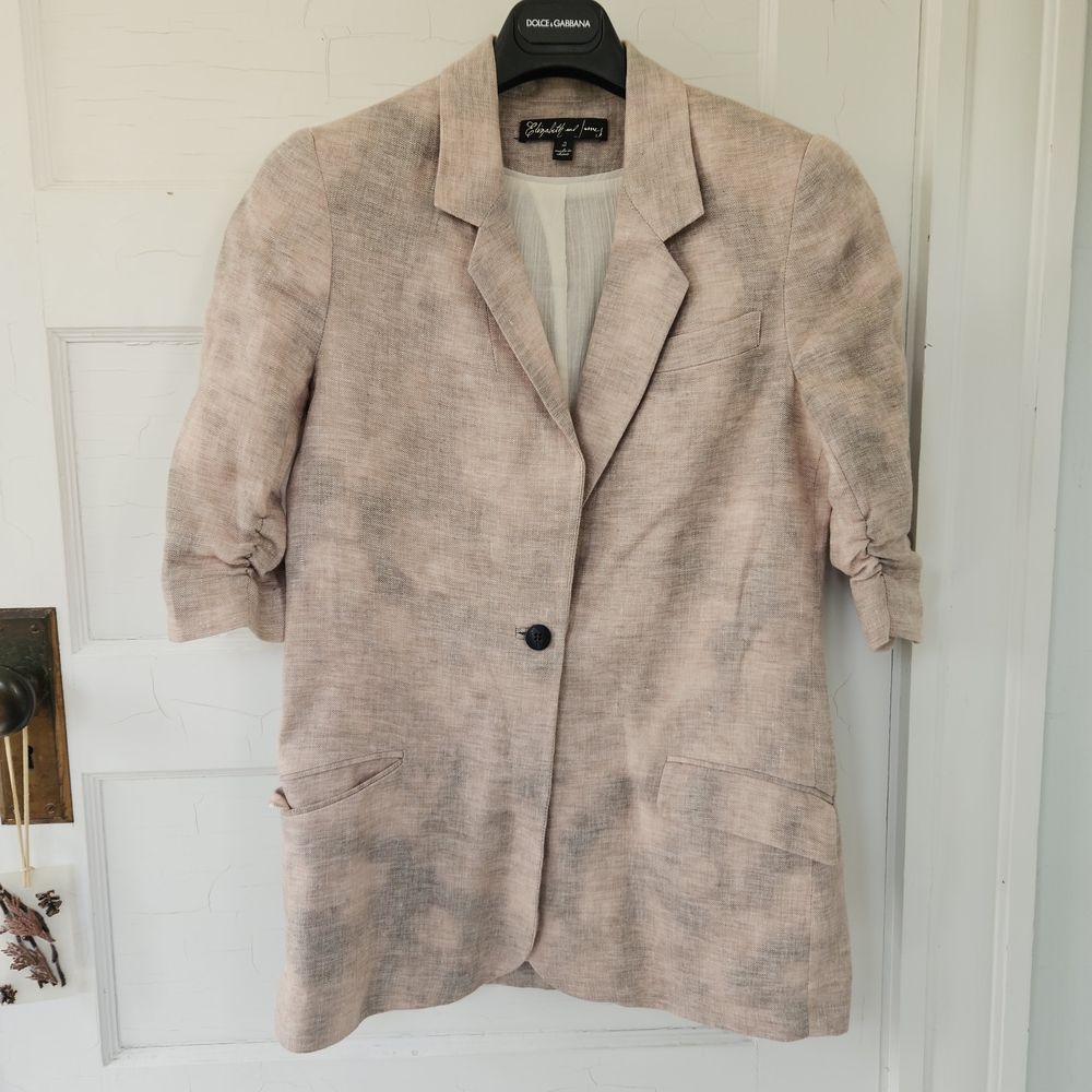 Elizabeth and James Light Pink Linen-Blend Ruched Sleeve Blazer